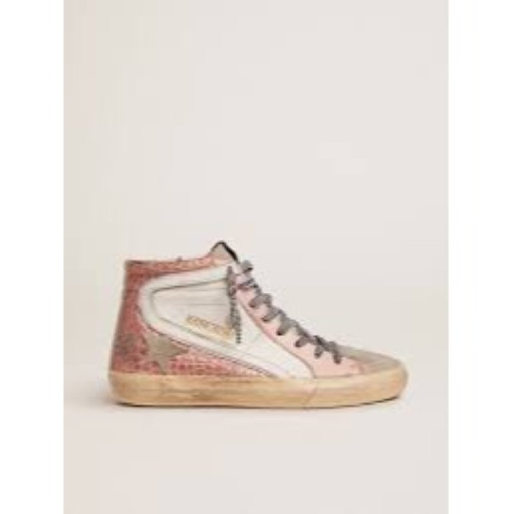 Golden Goose Slide Sneakers with White Leather and Pink Crocodile-Print Leather